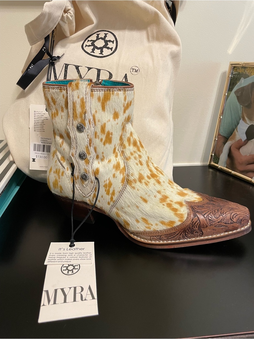 Myra Tan & White Hair-On Leather Western Boot with Tooled Brown Toe